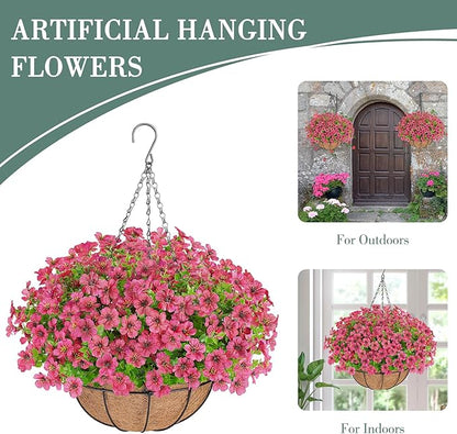 Artificial Flowers Hanging Plants in Basket,Artificial Hanging Flowers for Outdoor Indoor Decor,UV Resistant Hanging Baskets with Fake Flowers for Patio Garden Porch Deck Decoration