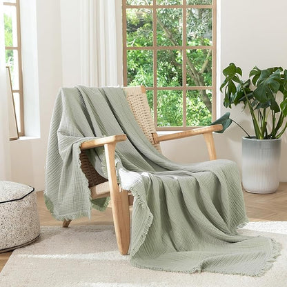 MooMee Muslin Blanket - 100% Cotton 4-Layer Gauze Throw Blanket with Tassels Ultra-Soft Breathable Lightweight Cooling for Bed Couch (Sage Green,King 104" x 90")