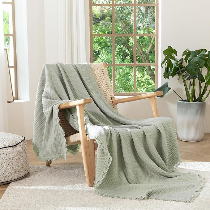 MooMee Muslin Blanket - 100% Cotton 4-Layer Gauze Throw Blanket with Tassels Ultra-Soft Breathable Lightweight Cooling for Bed Couch (Sage Green,Throw 60" x 50")