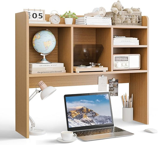 SUPER DEAL Desktop Bookshelf, Countertop Storage Hutch with 4 Shelves for Computer Desk, 2-Tier Display Rack, Multipurpose Wood Desk Hutch Storage Organizer for Home Office Dorm, Natural