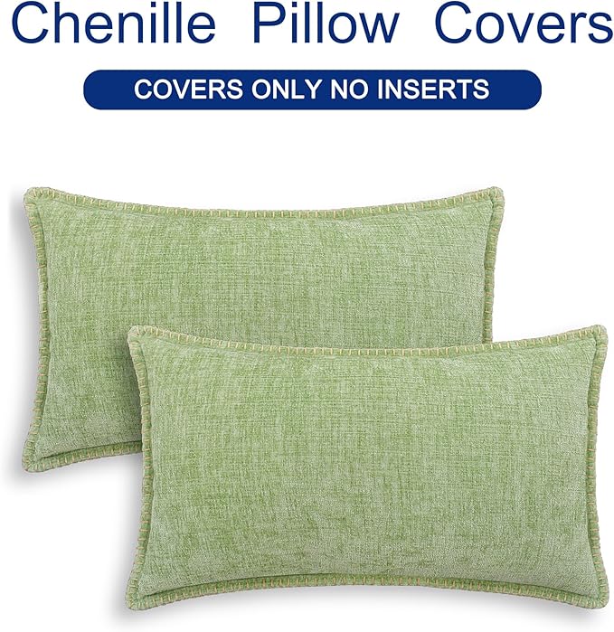 CaliTime Throw Pillow Covers Decorative 12 X 20 Inches Pack of 2 Cotton Thread Stitching Edges Solid Dyed Soft Chenille Cushion Cases for Couch Sofa Bed Living Room Farmhouse Sage Green