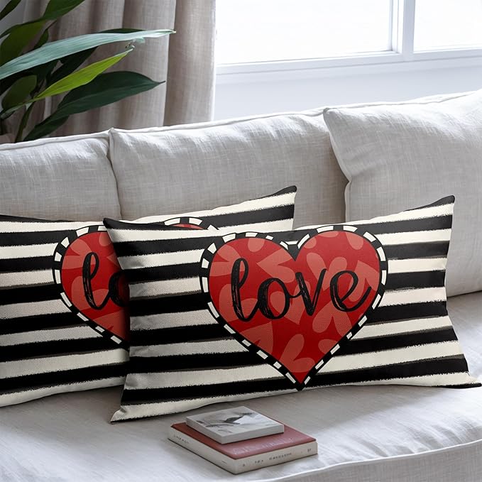 Valentines Day Pillow Covers 12x20 Set of 2 Black Red Heart Throw Pillow Covers Striped Love Pillowcase Linen Decoration Farmhouse Holiday Cozy Soft Cushion Case Couch for Indoor Outdoor Home Decor