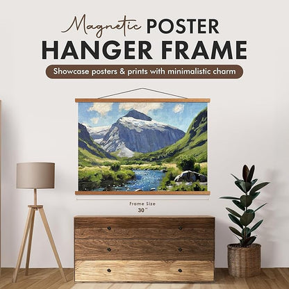 Travelization Magnetic Poster Hanger 30” Poster Frame with Strong Magnets, Complete Hanging Kit for Posters, Art, Maps, and More, Fits 30x20, 30x30, 30x40, and 30x48, Teak Wood