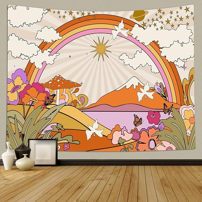 TOMOZ Vintage 70s 60s Groovy Tapestry, Retro Flowers Clouds Sun and Rainbow Tapestry Wall Hanging, Orange Boho Aesthetic Tapestries for Bedroom Living Room Dorm Decor 60 x 51Inch