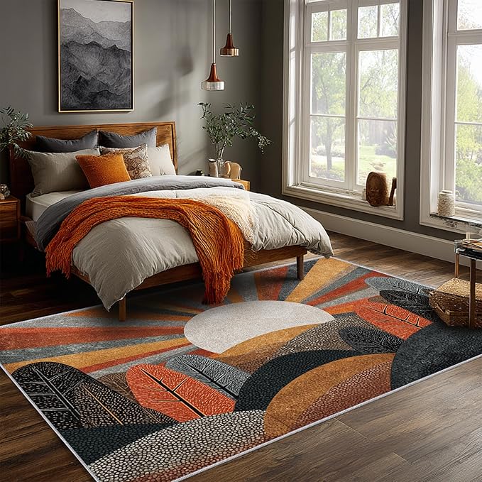 Bohemian Rug, 7x9 Area Rugs Abstract Forest Sun Tree Pattern for Living Room, Bedroom, Bohemian Home Decor Accessories Indoor Carpet, Non Slip & Machine Washable