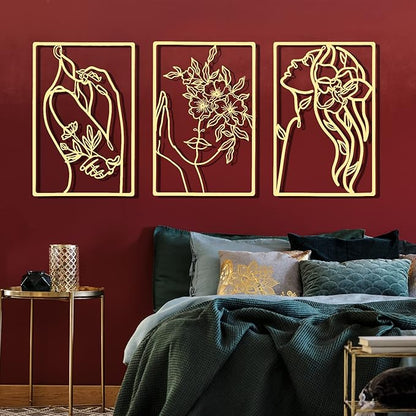 CHENGU 3 Pieces Gold Wall Decor Minimalist Wall Art Metal Line Wall Art Wall Decor for Bedroom Single Line Female for Kitchen Bathroom Living Room(Flower)