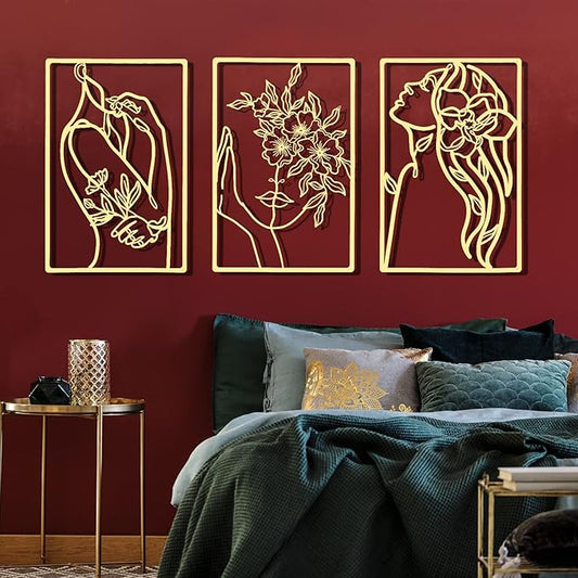 CHENGU 3 Pieces Gold Wall Decor Minimalist Wall Art Metal Line Wall Art Wall Decor for Bedroom Single Line Female for Kitchen Bathroom Living Room(Flower)
