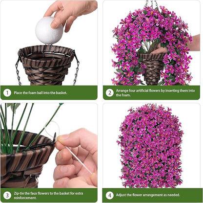 Artificial Flowers Plants for Outdoor with Basket, 4PCS Silk Hanging Faux Flowers Long Trailing Vines for Outside Home Porch Patio Decoration, Fuchsia