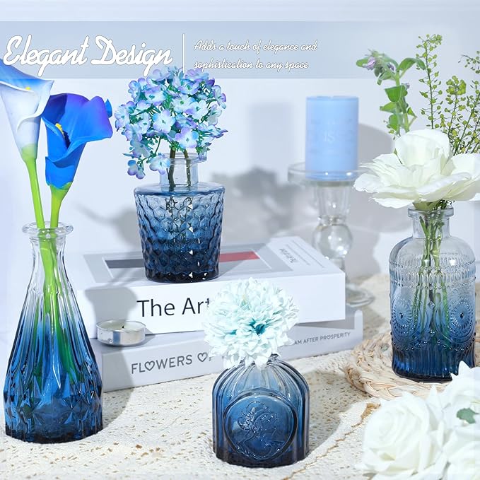Glass Bud Vase Set of 5, Small Blue Flower Vases for Centerpieces in Bulk, Mini Vintage Vase for Wedding Decor, Single Flowers, and Home Table Décor