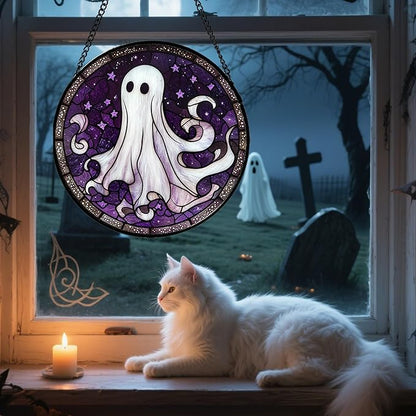 DASTOLL Stained Glass Window Hanging - Halloween Decorations White Ghost Purple Stars Suncatcher for Doors Garden Spooky Funny Sun Catchers Gothic Decor Horror Gifts for Women Men Friend 6.3 in