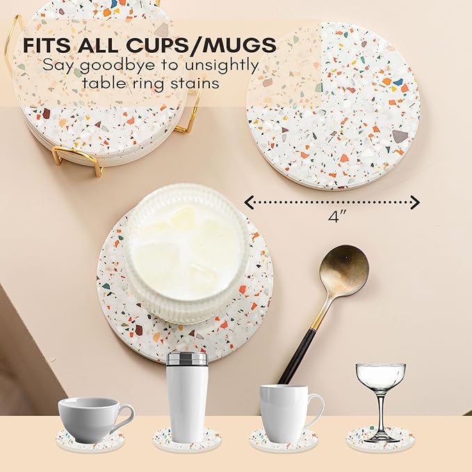 Absorbent Coaster Set of 6 with Holder, Drink Coasters for Coffee Table, Kitchen, Home Decor, Cute Ceramic Round Coasters, Alternative to Silicone, Cork or Glass Coaster (Marble with Black Holder)