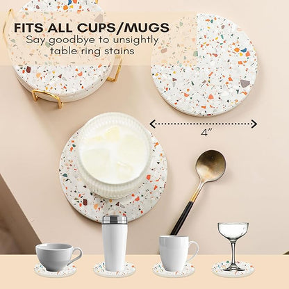 Absorbent Coaster Set of 6 with Holder, Drink Coasters for Coffee Table, Kitchen, Home Decor, Cute Ceramic Round Coasters, Alternative to Silicone, Cork or Glass Coaster (Marble with Black Holder)