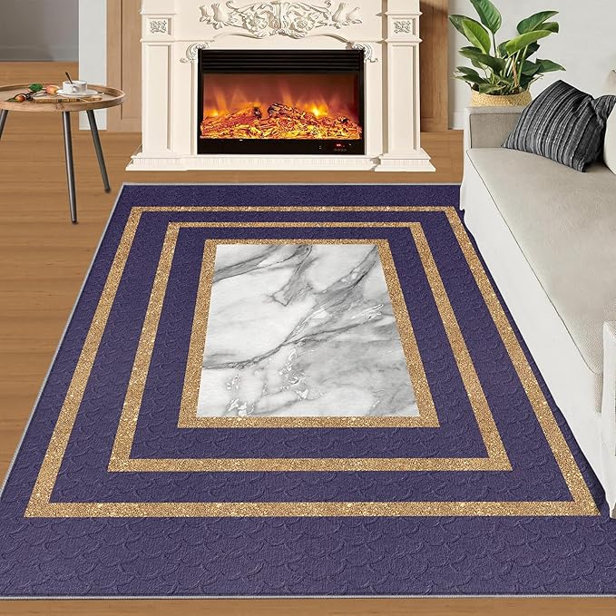 Retro Marble Rug Purple Marble Area Rug Gilded Light Luxury Geometric Carpet Rectangular Striped Geometric Rugs for Bedroom Dining Room 4x6ft