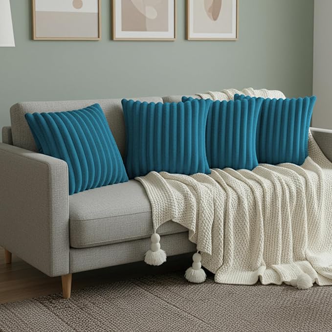 Blue Throw Pillow Covers 18 x 18 Set of 4, Cute Boho Throw Pillow Cover for Couch/Bed, Decorative Pillows Covers for Sofa/Bed, Accent Pillow Covers for Living Room, Rustic/Home/Room Decor