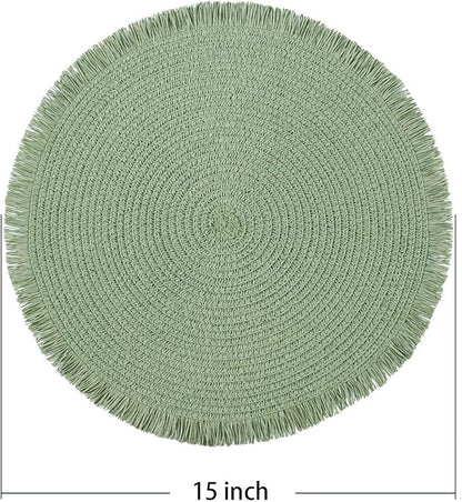 FunWheat Paper Round Braided Placemats Set of 8 for Dining Tables 15 Inch Heat Resistant Table Mats Farmhouse Woven Fabric Natural Place mats for Decoration with Tassel(Fog Green,8pcs)