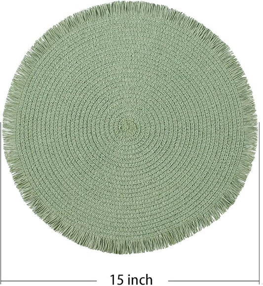 FunWheat Paper Round Braided Placemats Set of 8 for Dining Tables 15 Inch Heat Resistant Table Mats Farmhouse Woven Fabric Natural Place mats for Decoration with Tassel(Fog Green,8pcs)