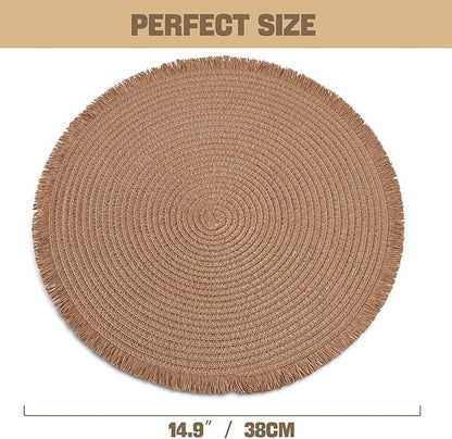 15 Inch Set of 6 Round Woven Placemats Braided Paper Heat Resistant Table Mats with Tassel Boho Indoor Outdoor Table Placemats for Dining Tables (Brown)
