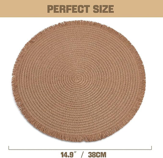 15 Inch Set of 6 Round Woven Placemats Braided Paper Heat Resistant Table Mats with Tassel Boho Indoor Outdoor Table Placemats for Dining Tables (Brown)