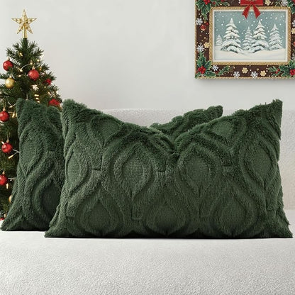 decorUhome Spring Throw Pillow Covers 12x20 Inch Set of 2, Soft Plush Faux Wool Forest Elf Solid Couch Pillow Covers, Accent Farmhouse Neutral Square Pillow Cases for Sofa Bed Living Room