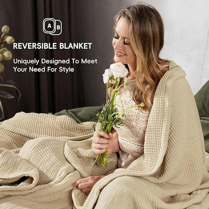 PHF 100% Cotton Waffle & Muslin Throw Blanket Large, Soft Breathable Luxury 400GSM Versatile Reversible Bedding for Couch, Great for Layering in Cold Weather, Home Decor Gift, 50" x 70", French Oak
