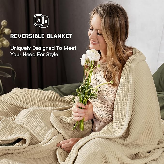 PHF 100% Cotton Waffle & Muslin Blanket Queen Size, Soft Breathable Luxury 400GSM Versatile Reversible Bedding for Bed, Great for Layering in Cold Weather, Home Decor Gift, 90" x 90", French Oak