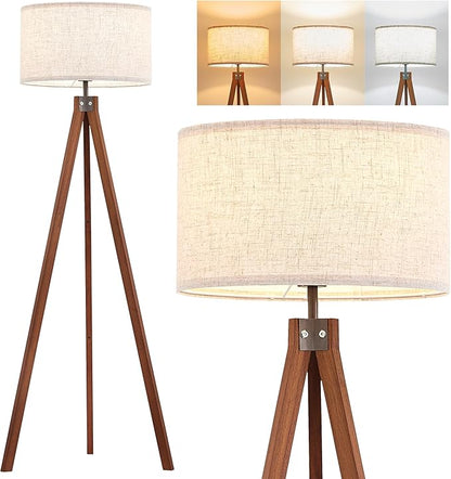ELYONA Solid Wood Tripod Floor Lamp with 3 Color Temperatures LED Bulb, Mid Century Modern Reading Standing Light Nature Linen Shade Tall Night Light for Bedroom Living Room Office Study Room, Brown