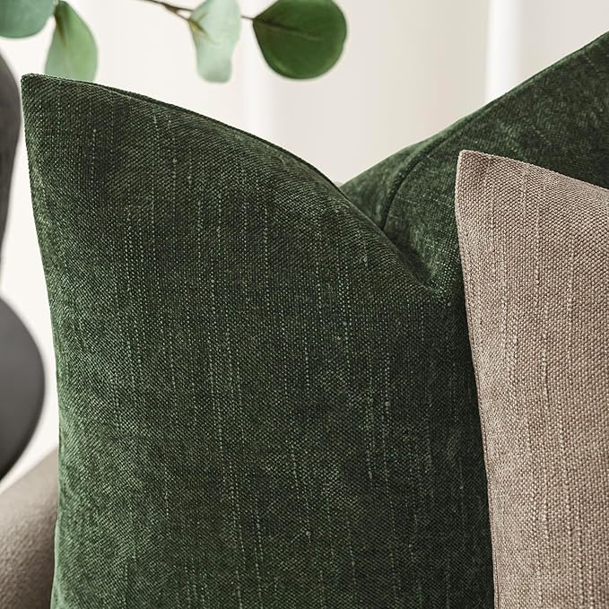 Foindtower Pack of 2 Textured Chenille Throw Decorative Pillow Covers Square Accent Solid Cushion Cover Neutral Farmhouse Lumbar Pillow Case for Couch Sofa Bedroom Living Room 12x20 Inch,Dark Green