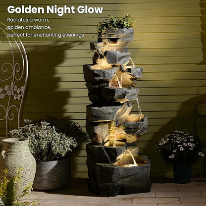 58" H Outdoor Water Fountain with 7 Tiers New Upgraded Large Cascading Realistic Rock Waterfall Fountains with Lights Outdoor Water Fountain for Garden Patio Backyard Porch Home Decor