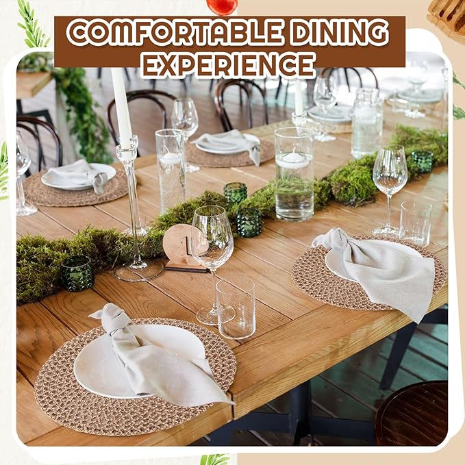 12 Pcs Jute Placemats Boho Braided Woven Table Mats for Dining Table Farmhouse Coasters for Thanksgiving Christmas Party Wedding Events(Natural,12 Inches)