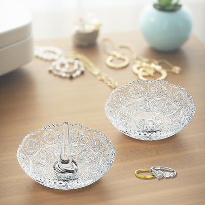Set of 2 Crystal Ring Holder Dish for Women Clear Glass Jewelry Dish Tray for Rings Earrings Necklace Organizer Elegant Engagement, Anniversary, Christmas Gifts