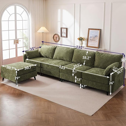 135'' Modular Sectional Sofa with Seats Storage, Oversized L Shaped Couch with Deep Seat,4-Seater Comfy Cloud Couches for Living Room,Movable Ottoman,2 Throw Pillow,Chenille,Green