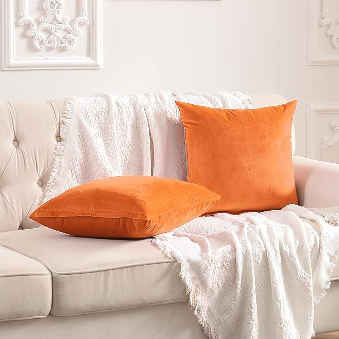 FY FIBER HOUSE Pack of 2 Velvet Throw Pillow Covers Decorative Square Pillowcase Soft Solid Cushion Case for Sofa/Couch Use, 18 x 18 Inch Orange