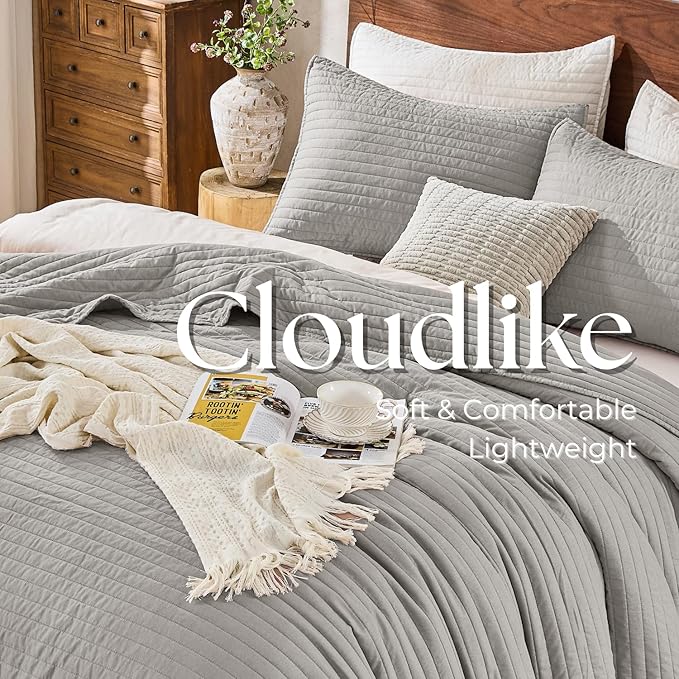 DOWN HOME King Quilt Bedding Set with Shams, Vintage Washed Soft Quilted Blanket Thin Comforter Lightweight Bedspread Coverlet Bed Cover, Brushed Microfiber Stripe Stitching, Light Gray, 104"x90"