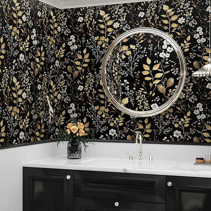 Boho Wallpaper Peel and Stick Dark Floral Wallpaper 17.5in x118in Vintage Leaf Contact Paper Vinyl Waterproof Self Adhesive Golden Leaf Botanical Wall Paper for Cabinet Table Drawer Decor