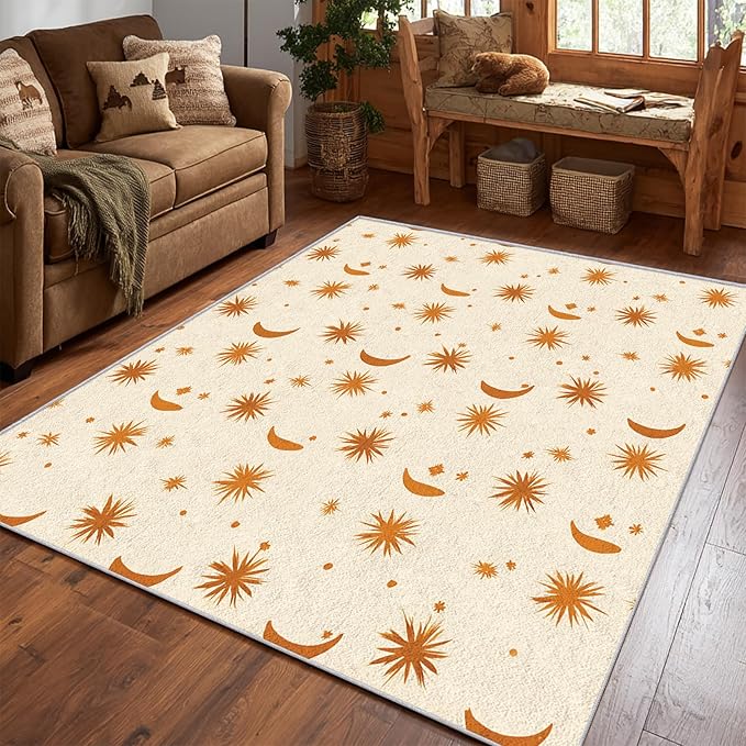 Boho Style Rug, 3x4 Area Rugs Sun Moon Star Terracotta Abstract Pattern for Entryway, Living Room, Bedroom, Boho Style Home Decor Accessories Indoor Carpet, Non Slip & Machine Washable