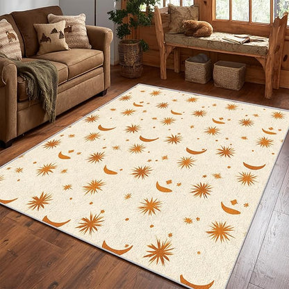 Boho Style Rug, 5x8 Area Rugs Sun Moon Star Terracotta Abstract Pattern for Living Room, Bedroom, Boho Style Home Decor Accessories Indoor Carpet, Non Slip & Machine Washable