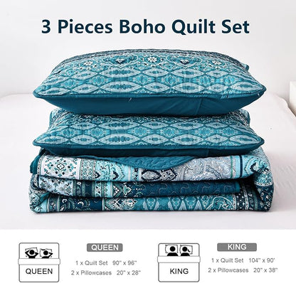 WONGS BEDDING Boho King Quilt Set, Blue Bohemian King Quilt Bedding Set, Lightweight Microfiber Bed Decor Bedspread for All Season 103"x90"(3 Pieces)
