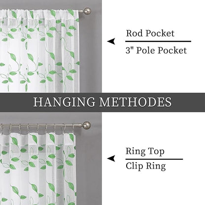 Tollpiz Green Leaf Sheer Curtain Leaves Embroidered Living Room Short Curtains Rod Pocket Voile Window Treatment for Bedroom, 54 x 54 inches Long, Set of 2 Panels