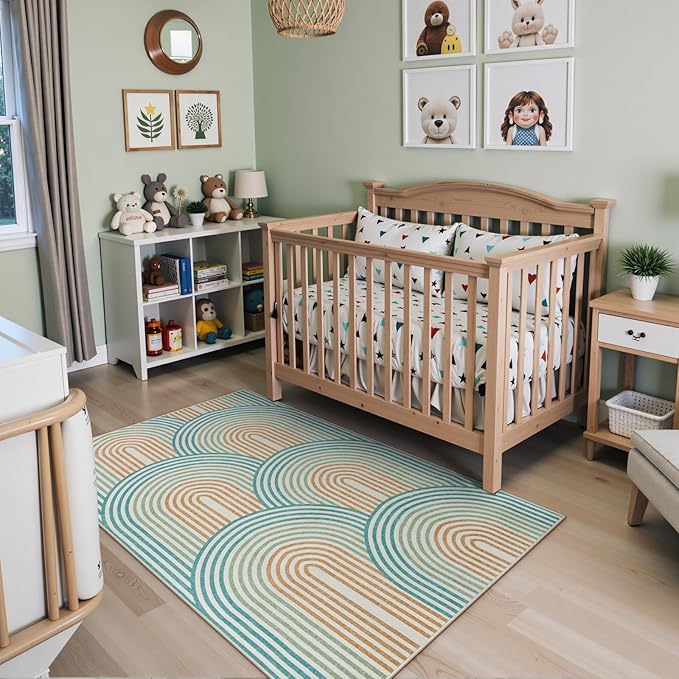 Moynesa Abstract Rainbow Washable 4x6 Rug, Ultra-Thin Soft Boho Area Rug for Playroom Bedroom Non Slip, Mid Century Modern Colored Orange Green Indoor Carpet for Living Room Office Kitchen