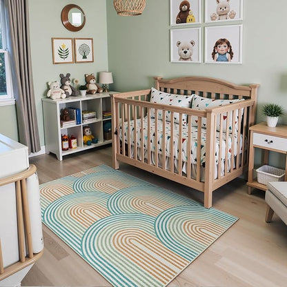 Moynesa Abstract Rainbow Washable 4x6 Rug, Ultra-Thin Soft Boho Area Rug for Playroom Bedroom Non Slip, Mid Century Modern Colored Orange Green Indoor Carpet for Living Room Office Kitchen