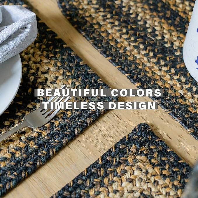 Homespice Kilimanjaro Jute Woven Placemats, Warm Primitive Decor, Set of 4, Black and Tan 13x19 Rectangle Table Mats - Vibrant Colors, Durable, Easy to Clean and Protects Furniture