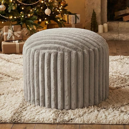 Luxury Round Stuffed Floor Poufs Ottoman, Stripe Faux Fur Footrest with Dual Layer Comfort, Removable Washable Cover, 20"x15" Plush Pouf Shaggy Stool for Living Room Bedroom, Gray