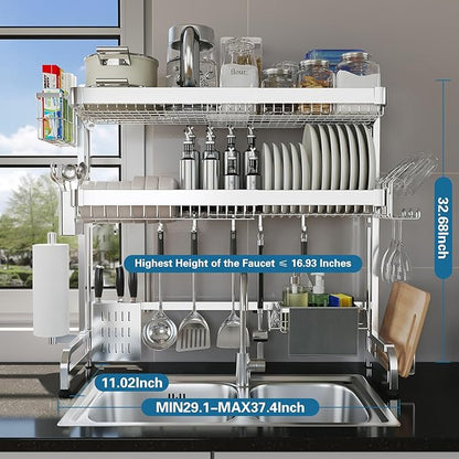 Over The Sink Dish Drying Rack,3 Tier Adjustable Length Full Stainless Steel Large Storage Kitchen Dish Rack,for Kitchen Counter Expandable Multifunctional Organizers,Silver (25.5'' to 37.6'')