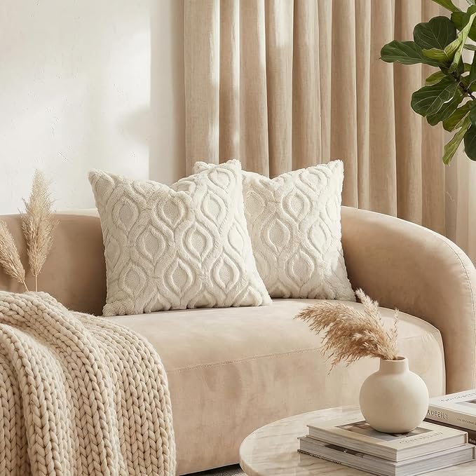 decorUhome Spring Throw Pillow Covers 18x18 Inch Set of 2, Soft Plush Faux Wool Beige Solid Couch Pillow Covers, Accent Farmhouse Neutral Square Pillow Cases for Sofa Bed Living Room