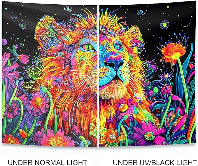 seewan Black Light Lion Tapestry, UV-Reactive Neon Galaxy Lion Wall Hanging, Psychedelic Animal Art Paired with Dreamy Floral Tapestry, Bedroom Dorm Living Room Background Decor