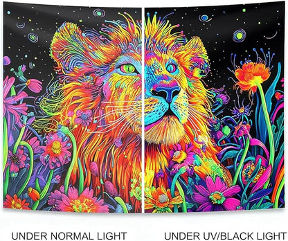 seewan Black Light Lion Tapestry, UV-Reactive Neon Galaxy Lion Wall Hanging, Psychedelic Animal Art Paired with Dreamy Floral Tapestry, Bedroom Dorm Living Room Background Decor