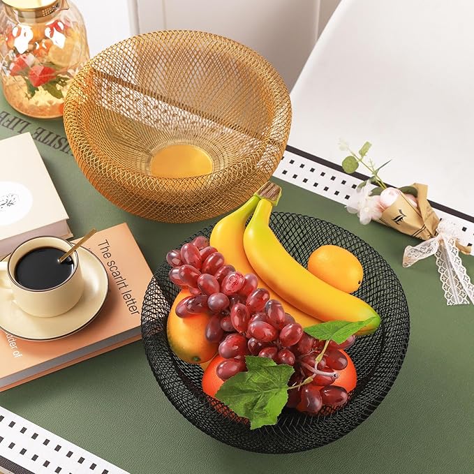 IBWell Metal Wire Woven Fruit Storage Bowl Basket for Kitchen, Large Black Mesh Fruit Stand, for Apple, Pineapple, Banana, Orange, Lemon, Pear, Strawberry, Watermelon (Gold, Large)