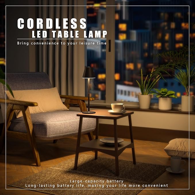 2-Pack Cordless Table Lamps - 5000mAh Rechargeable Battery Operated Desk Lamp, 3-Level Dimmable LED Night Light for Bedroom, Dining, Restaurant - Metal Design(Khaki-2Pack)