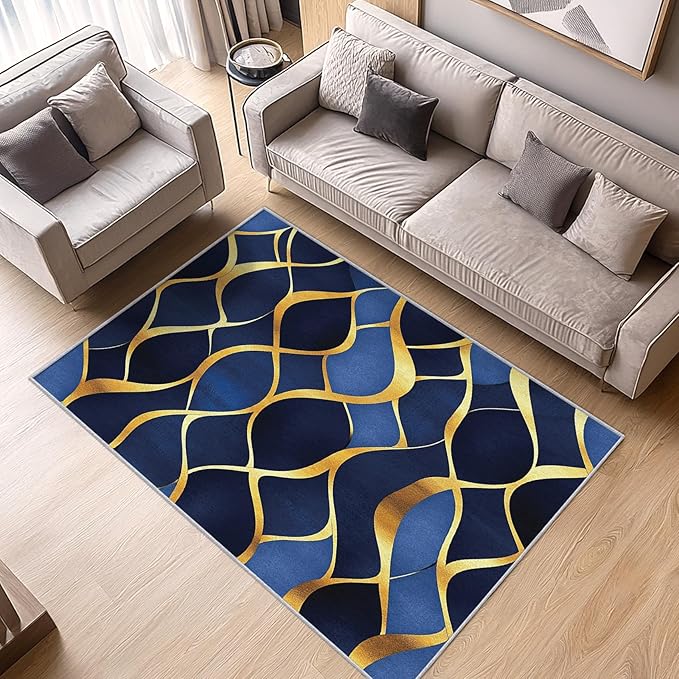 Contemporary Rugs for Bedroom - Abstract Geometric Rug, 3x4 Rug, Navy Blue Gold Area Rug & Room Decor, Modern Carpet & Home Decor, Washable Non Slip Anti Skid Rugs