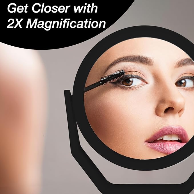 EXPRESSIONS Premium Soft Touch Rotating Mirror - Round Black Vanity Mirror, Handheld or Tabletop, 1x/2x Magnification Makeup Mirror, Small Desk or Travel Mirror